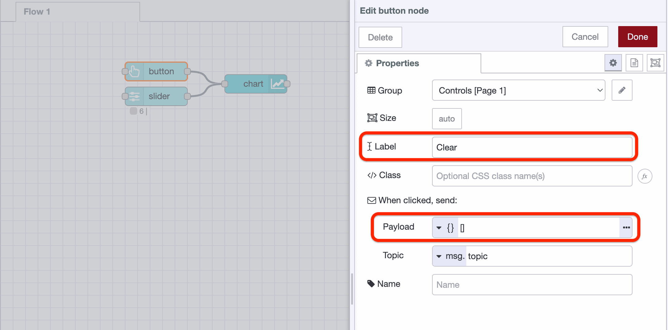 The ui-button configuration after setting it's payload and label